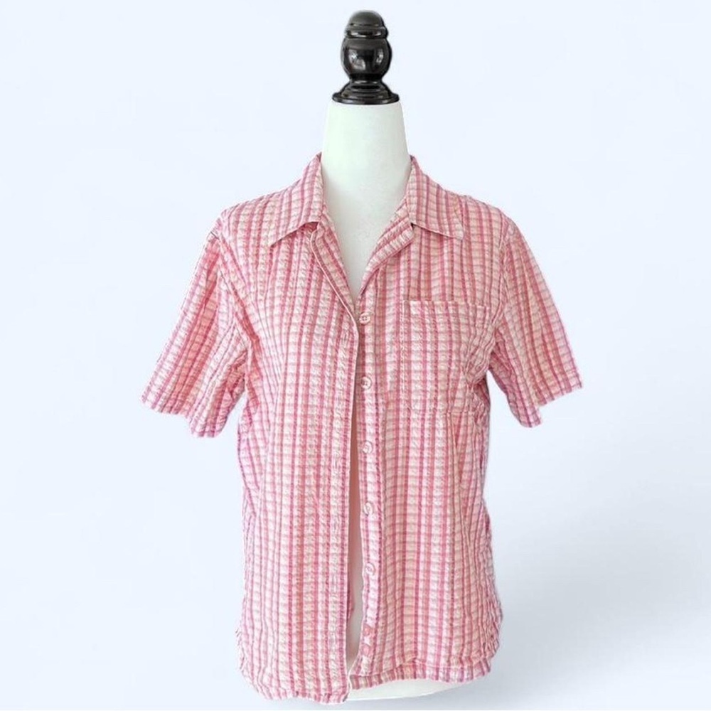 Vintage Carroll Reed Pink White Plaid Cotton Button Up Shirt Size M Cottagecore